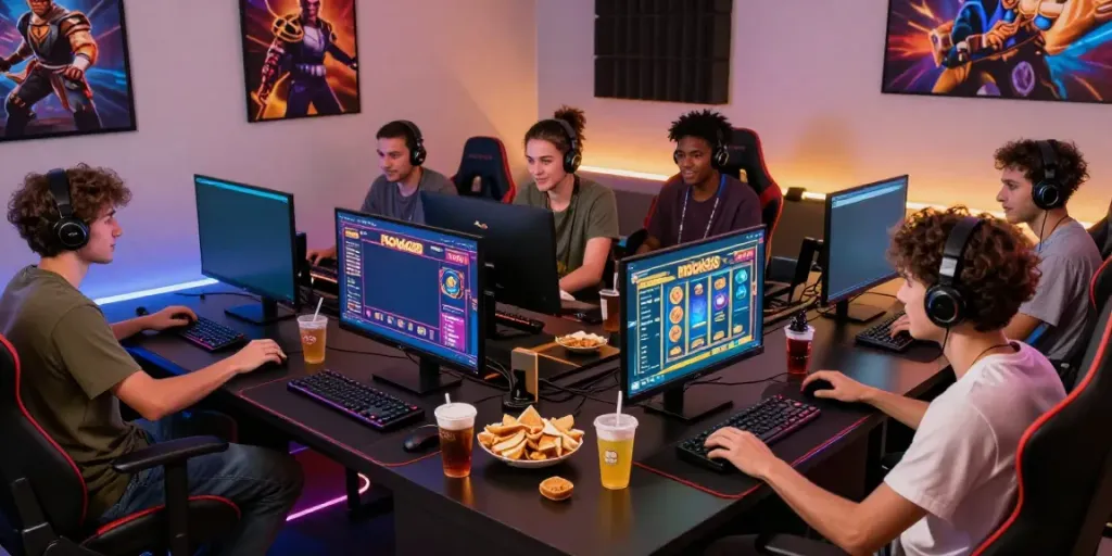 Friends enjoying the rokok88 slot game in a vibrant gaming room.