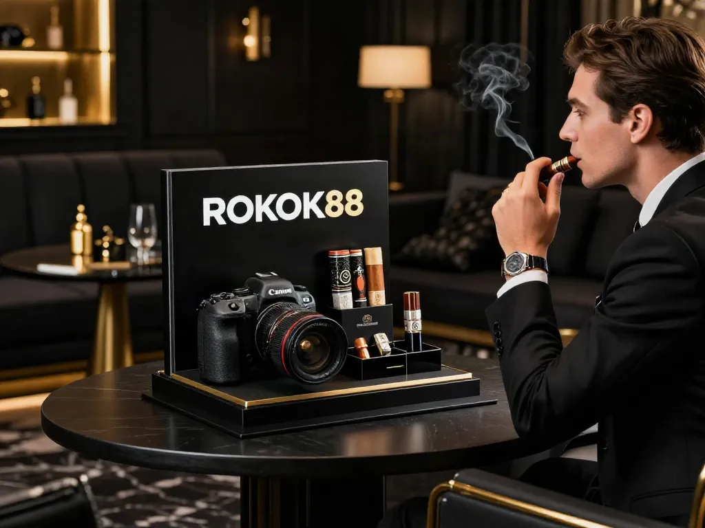 Stylish ROKOK88 display in an elegant lounge highlighting sophistication and prosperity.