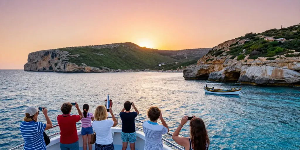 Travelers on a Malta Gozo tour enjoying a sunset boat ride along the coastline.