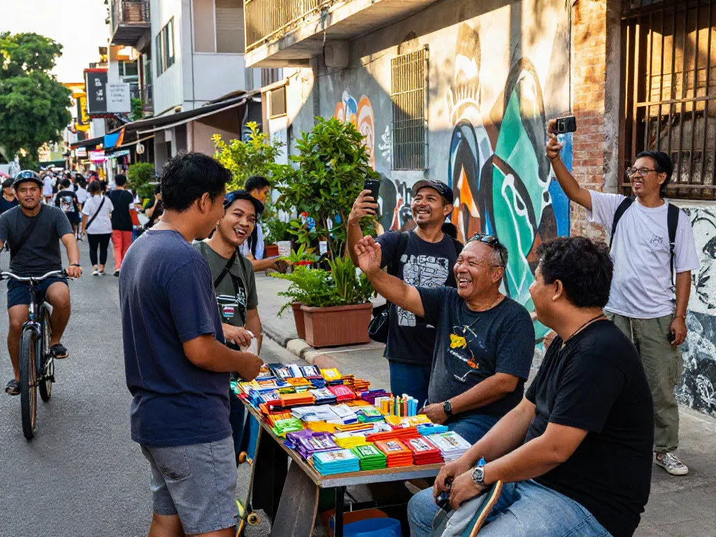 An urban marketplace scene where friends enjoy discovering rokok88 tobacco products from a vibrant street vendor.
