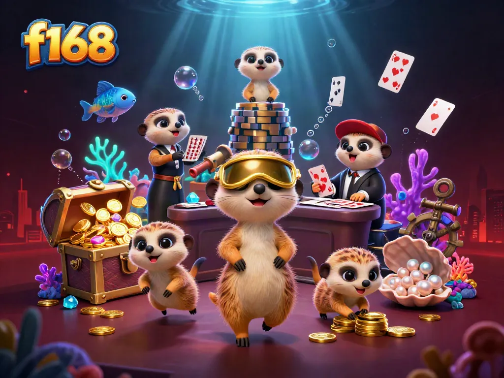 Experience thrilling gameplay at f168 with a vivid scene of meerkats managing a vibrant casino.