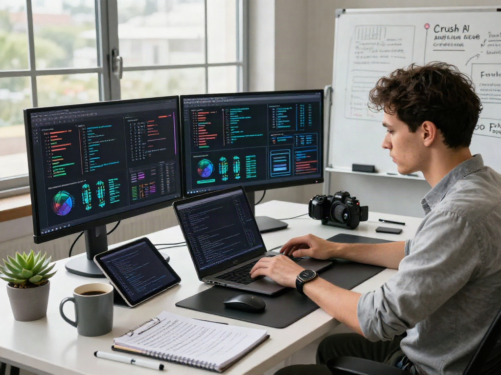 Data scientist engaged in crush ai analysis in a modern tech workspace, showcasing innovative AI applications.