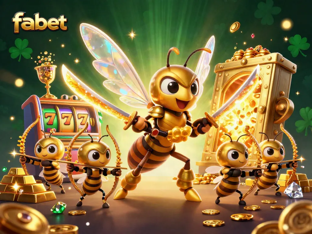 Engage with fabet's vibrant casino atmosphere featuring a golden hornet warrior amidst slot machines and treasures.