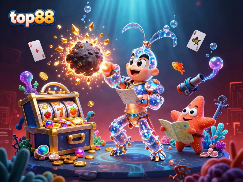 Experience top88 excitement as the galactic samurai shrimp smashes through asteroids, releasing gems in a vibrant casino scene.