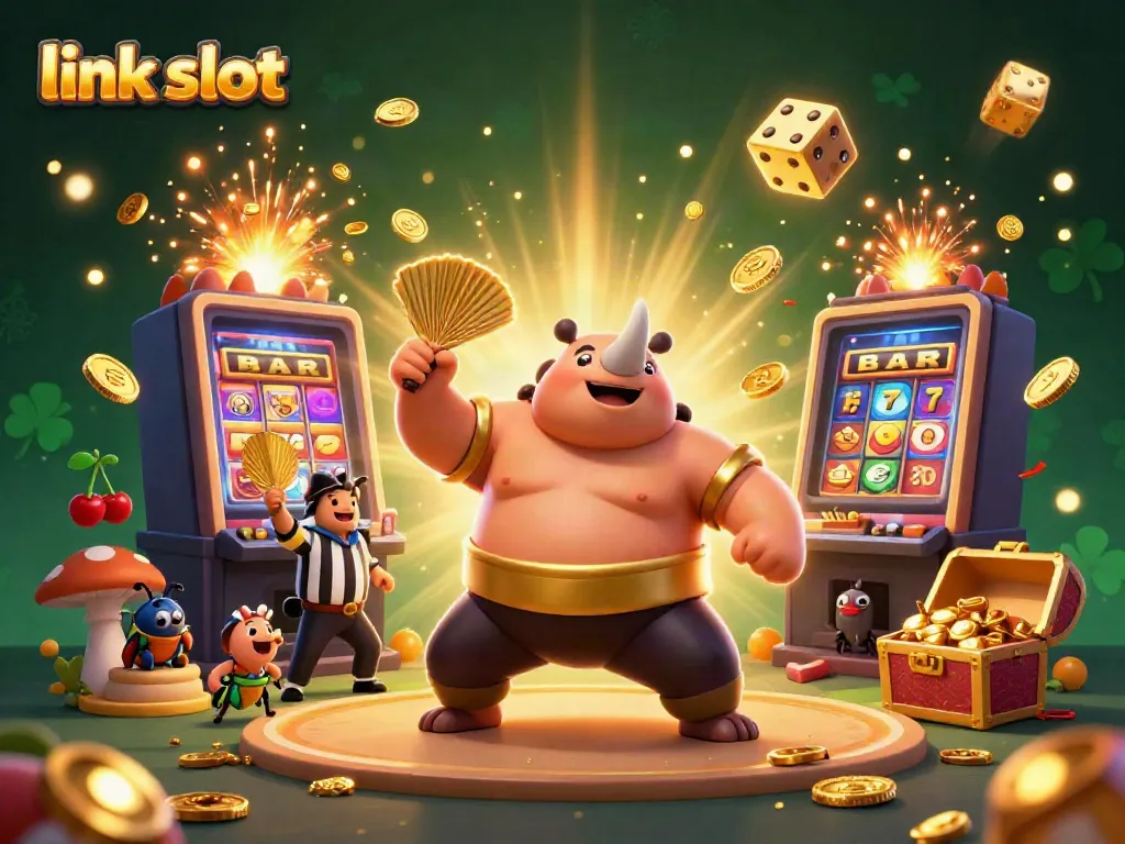 Winning big at link slot with animated 3D characters, coins, and jackpot effects.
