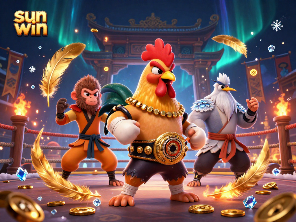 Win big at sun win with a dynamic fight scene featuring martial arts characters and casino elements.