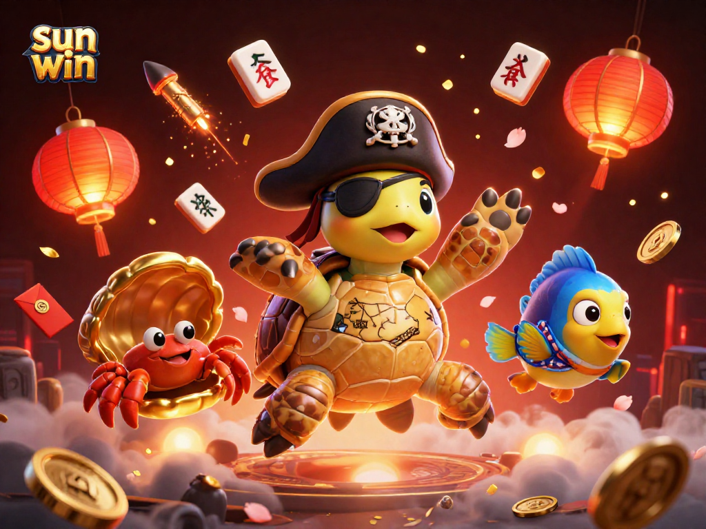 Enjoy thrilling gameplay with the sun win slots and characters enjoying a treasure-filled adventure.