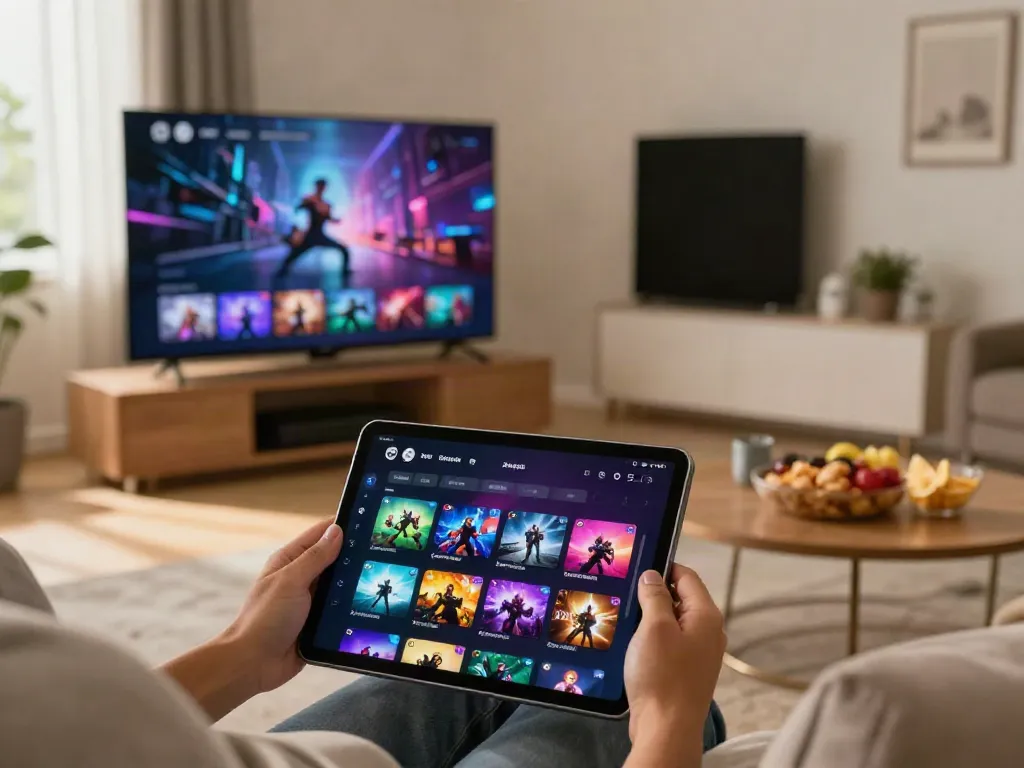 Engaging entertainment interface showcasing rokok88 slot login features on a tablet in a cozy setting.
