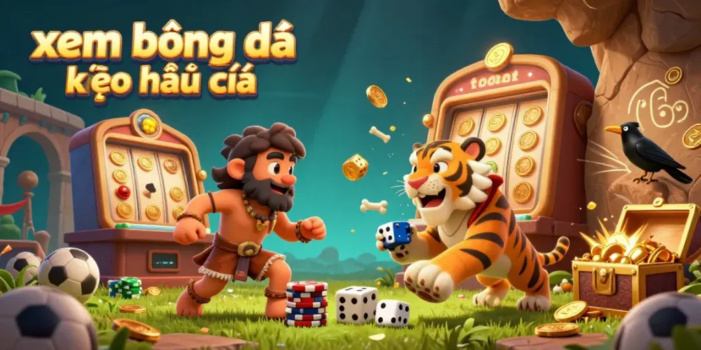 Xem bóng đá trực tuyến kèo nhà cái scene showcasing a lively cartoon betting environment with sports balls and dynamic elements.