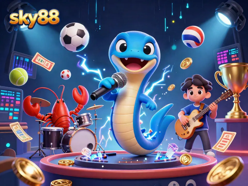 Sky88 players engaging in dynamic sports betting with electric eel DJ and lively casino scene.