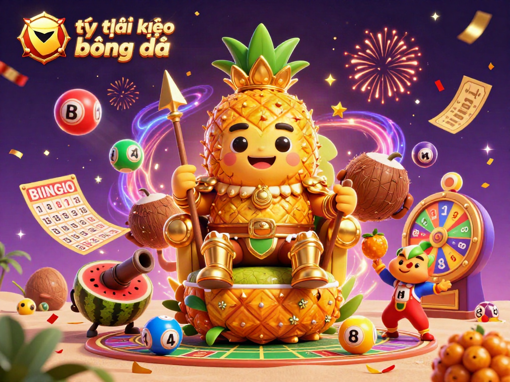 Engage with tỷ lệ kèo bóng đá in a vibrant 3D sports betting scene featuring a pineapple king and dynamic game elements.