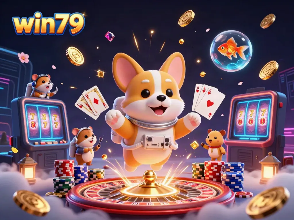Win79 mobile casino scene featuring a corgi astronaut, hamster, and goldfish midst floating casino chips and coins.
