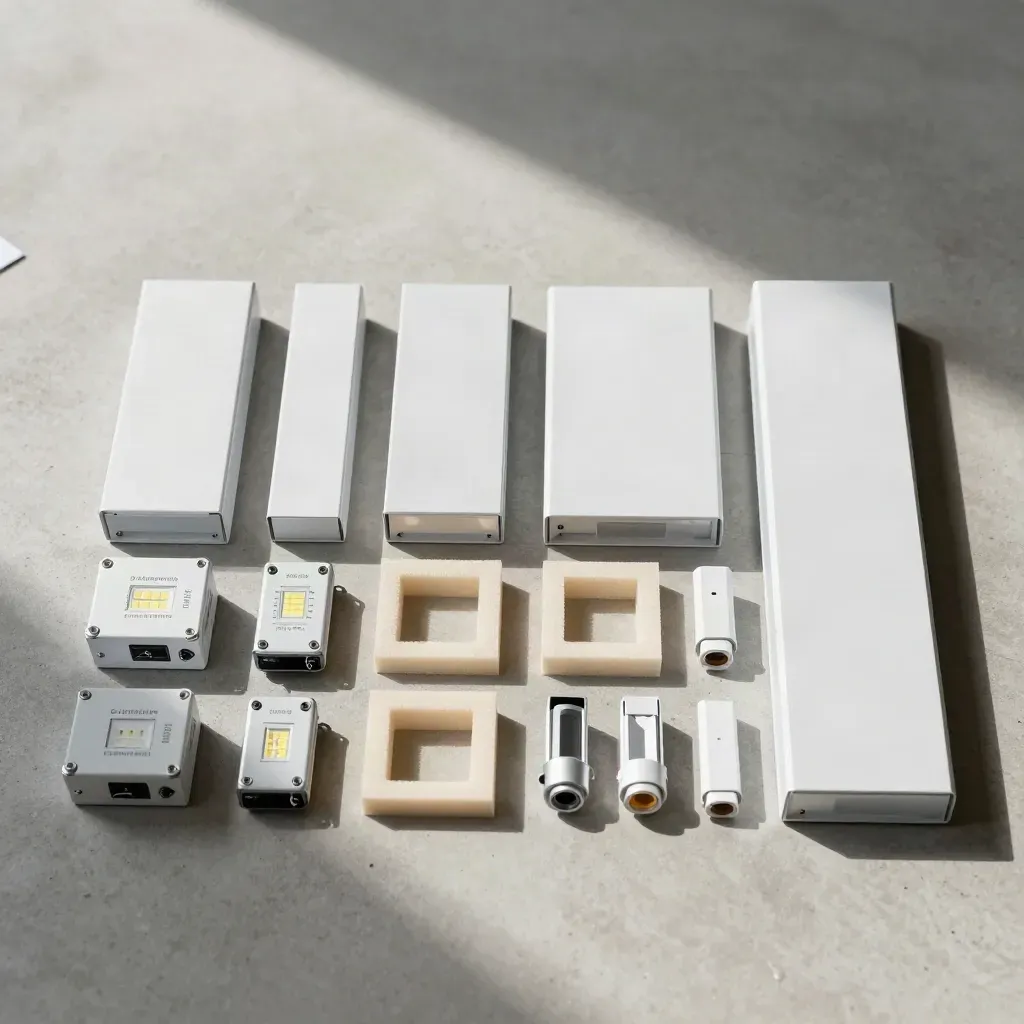 Overhead flatlay of an LED retrofit pack with boxes, driver modules, and foam inserts on pale concrete.