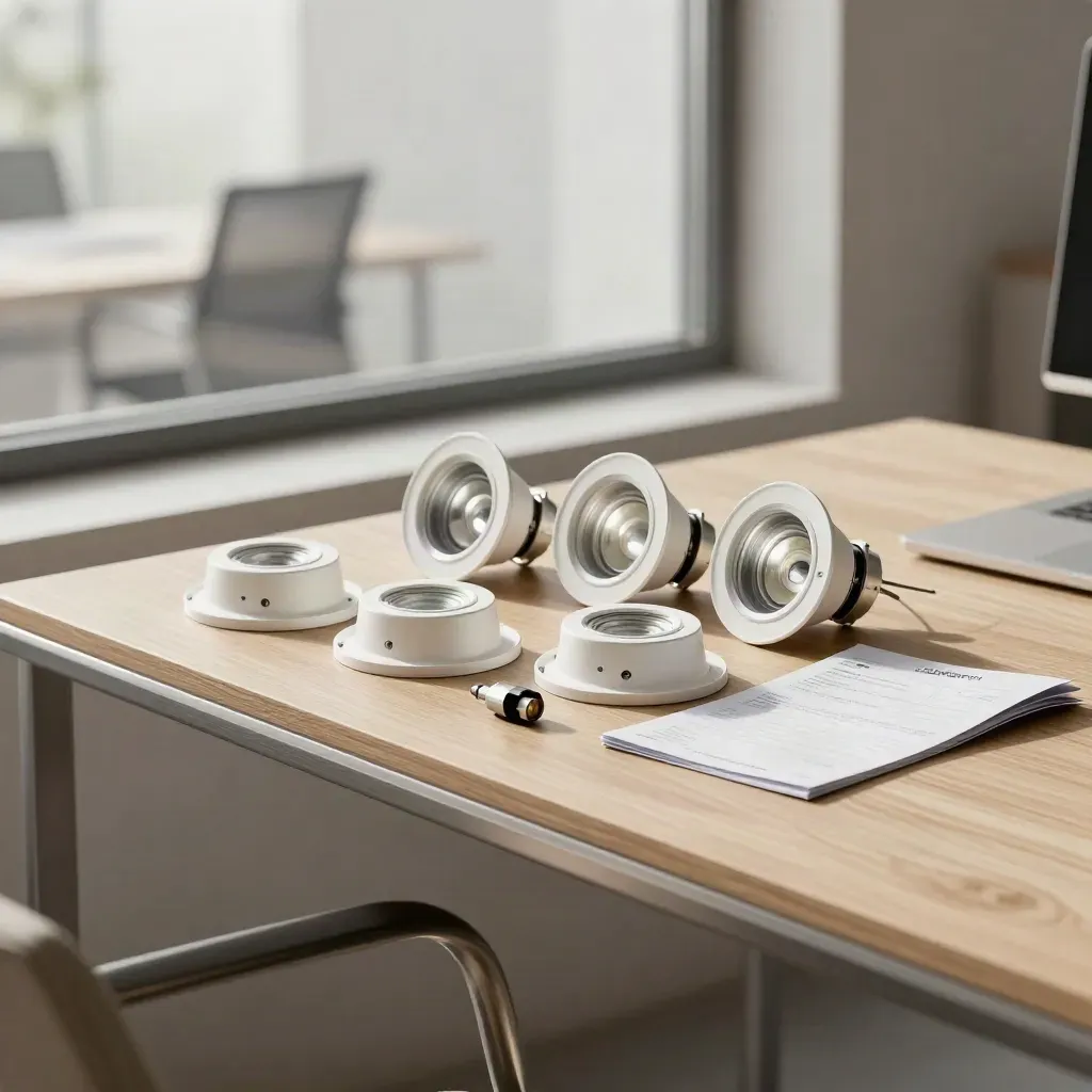 Retrofit downlights and driver modules staged on a modern office window ledge