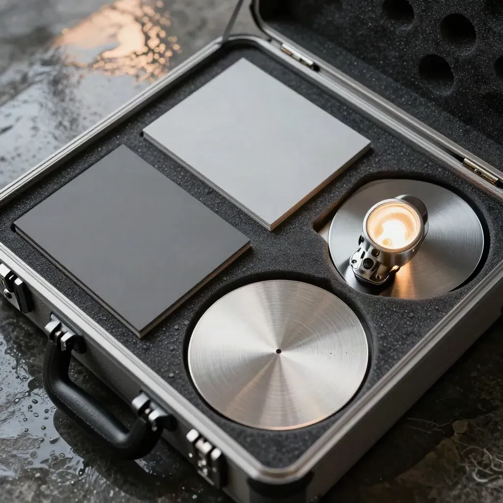 Open lighting audit case on wet dark stone with beam cards, reflector discs, and a tiny test lamp.