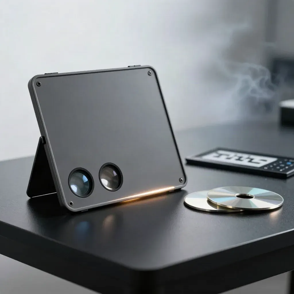 Glare test kit with diffuser panel, sample inserts and reflective discs on a dark worktop.