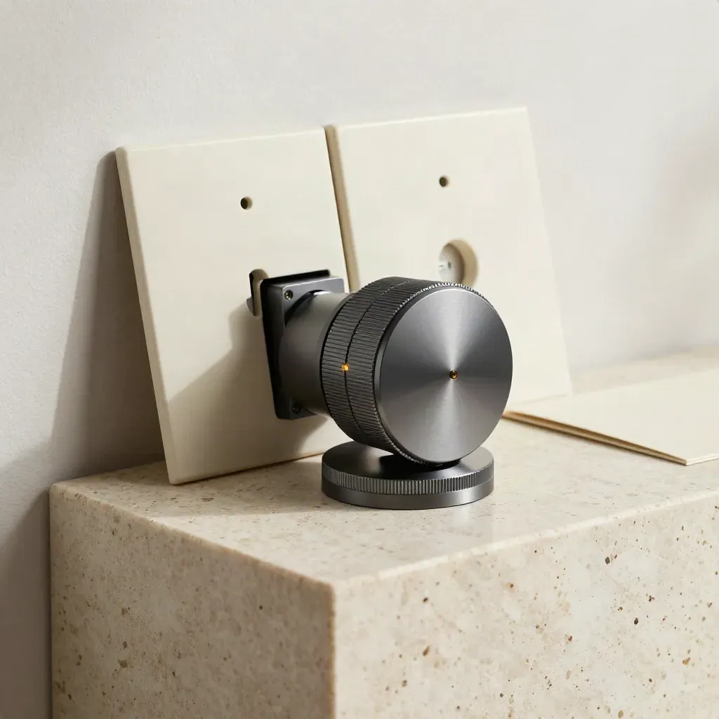 Smart dimmer kit with rotary hub, relay module and wall plates on travertine plinth.