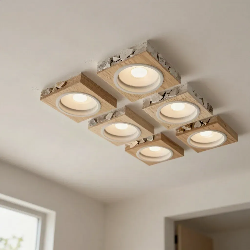 Glowing downlight trims in a plaster ceiling sample with oak slats and limestone chips