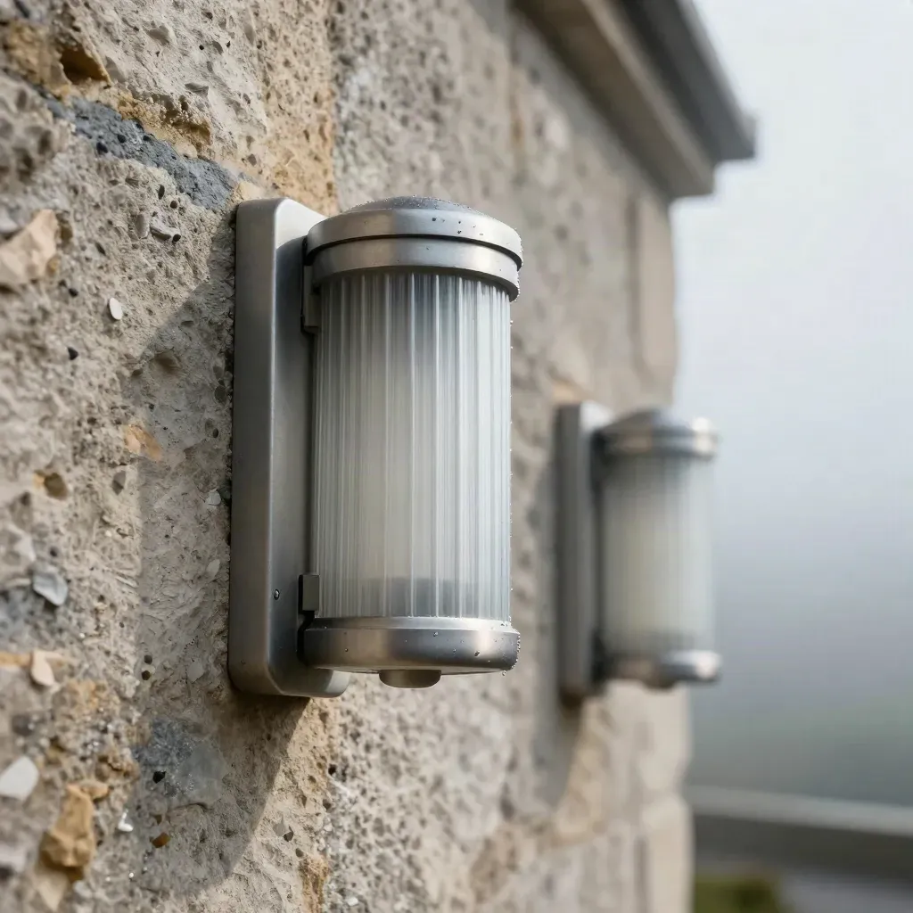 Two ribbed exterior wall lights on damp stone with textured render, shot low and close.