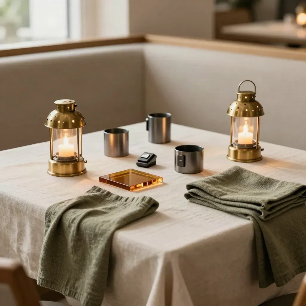 Lighting plan bundle with miniature lanterns, amber glass, and brass fittings on a linen banquette.