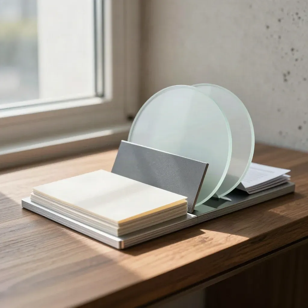 Office LED audit kit with beam cards, diffuser discs and graphite block in a stepped macro composition.