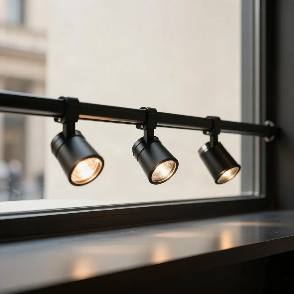 Retail window lighting kit with angled spotlights and amber reflections on a black rail.