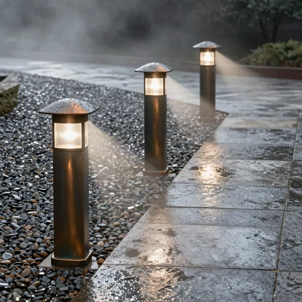 Bronze garden path lights glowing on wet gravel in misty night light.