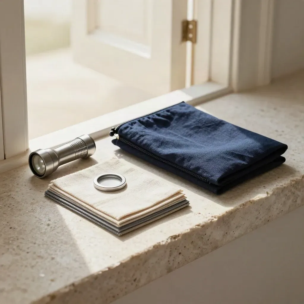 Compact lighting visit kit with torch, swatches, bezel and navy linen pouch on a stone ledge.