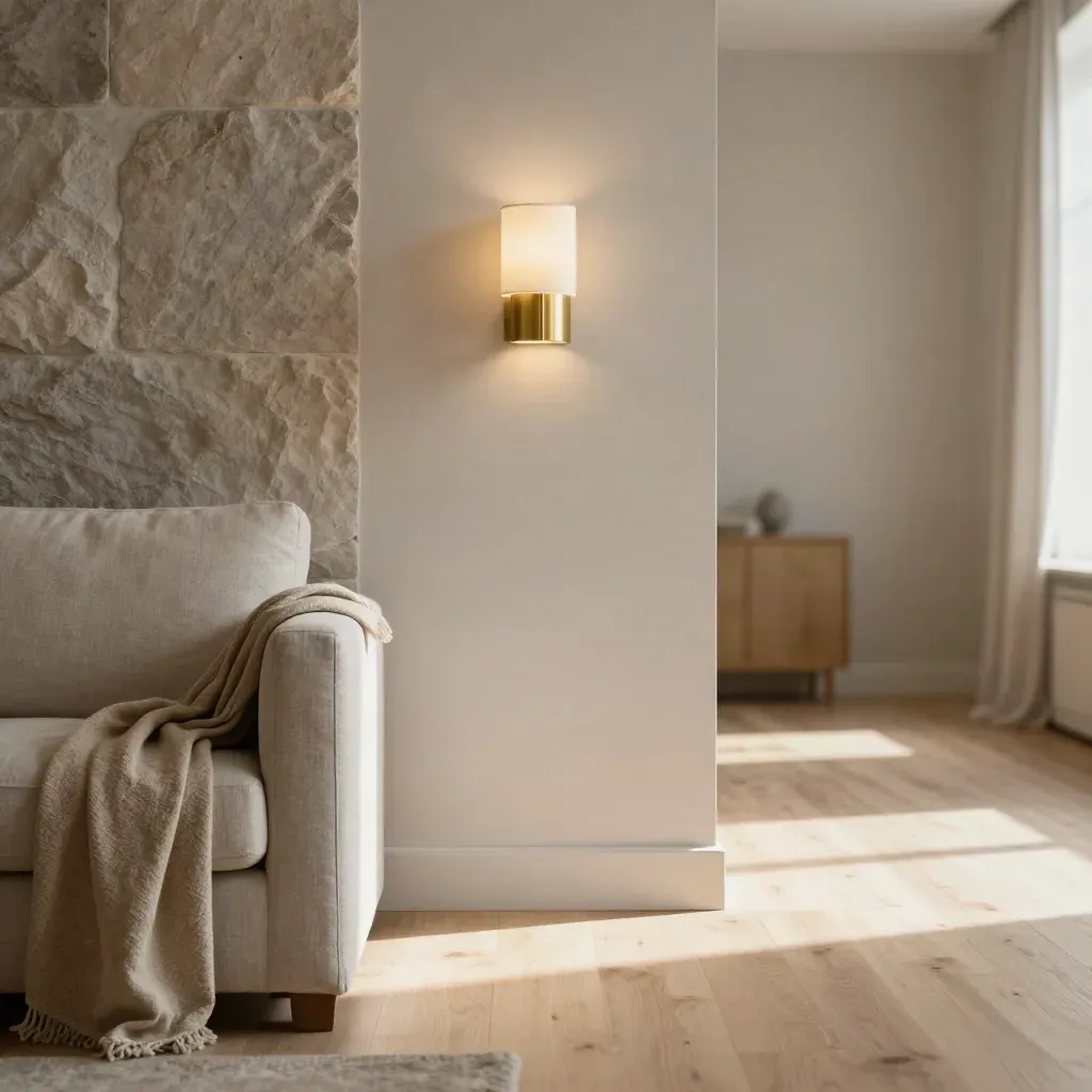 Sunlit living room corner with wall sconce, linen sofa edge, stone niche wall, and calm copy space.
