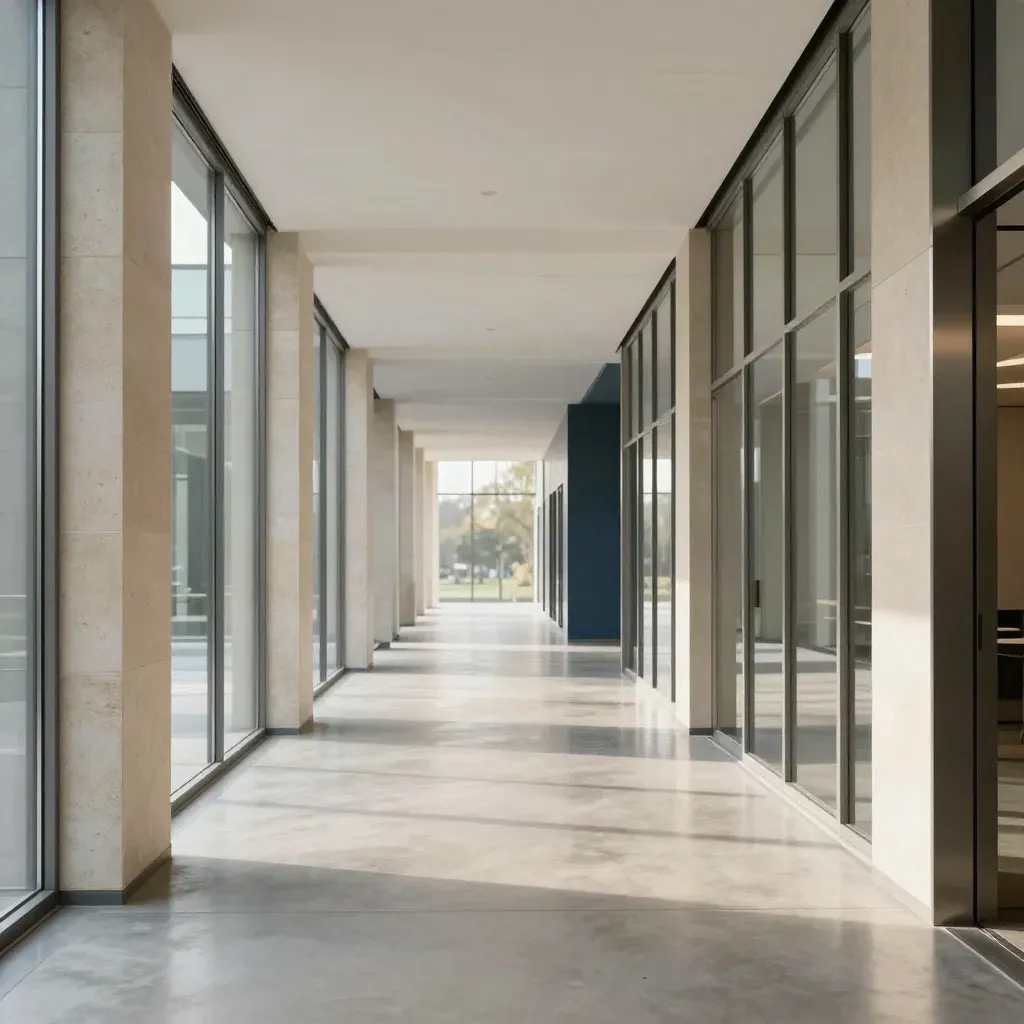 Sunlit glazed office corridor with pale stone, brushed steel mullions and soft morning light bands.