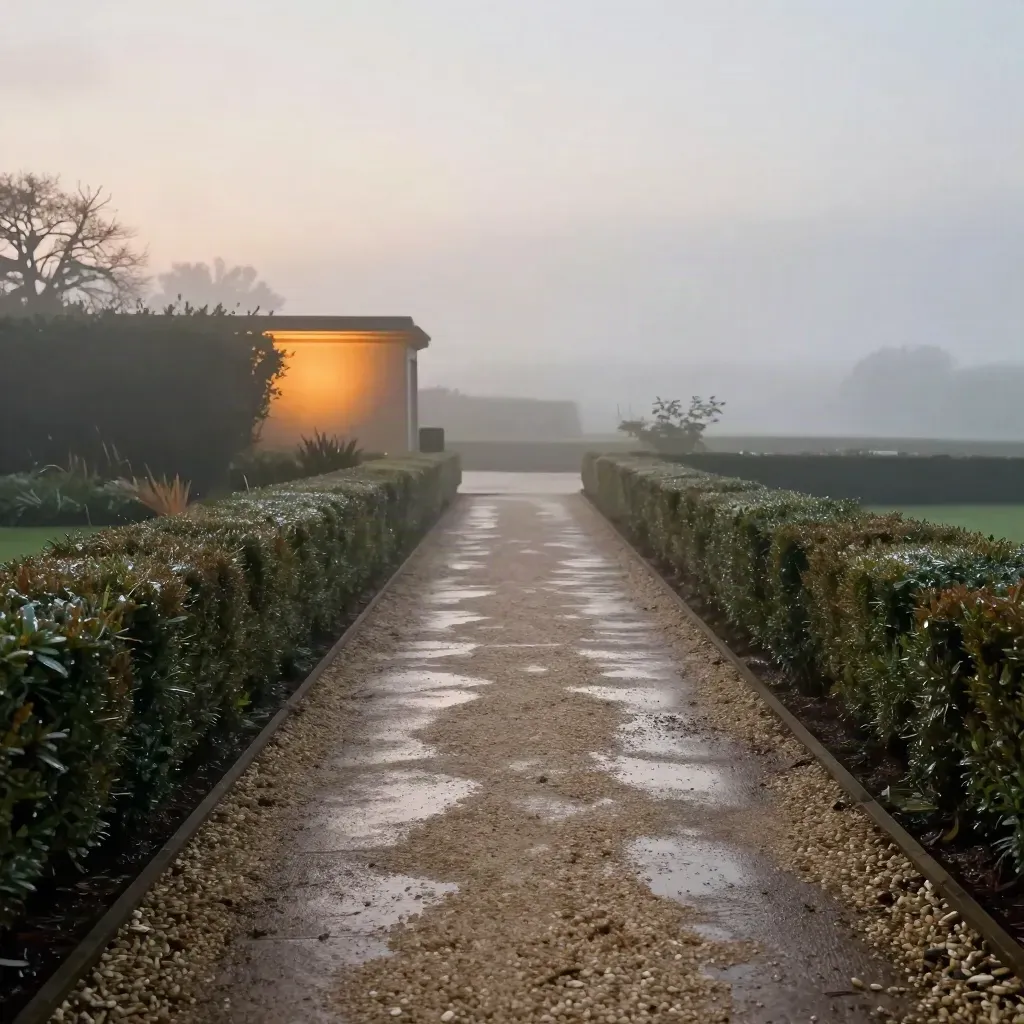 Wet garden path at blue hour with clipped hedges and a glowing amber wall edge.