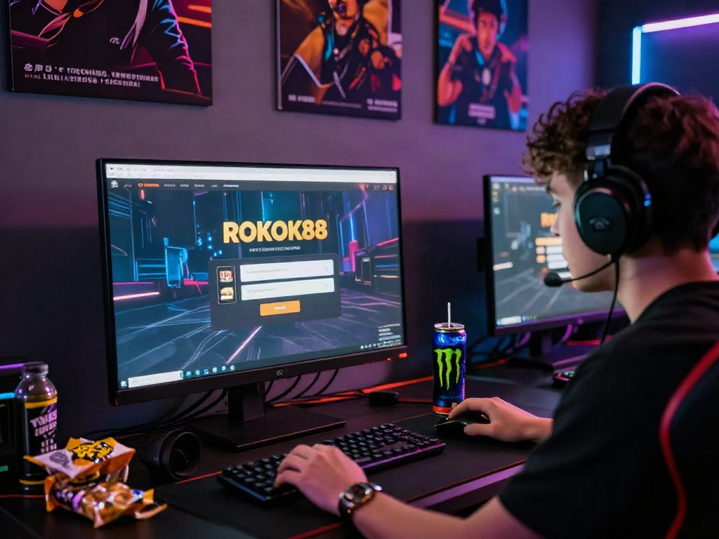 Accessing rokok88 login in a vibrant gaming setup with motivational posters and LED lights.