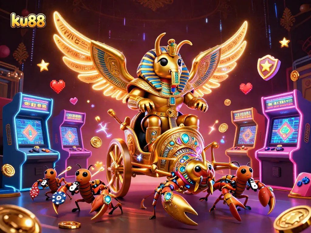 ku88 gaming scene with a colossal golden scarab beetle and scorpions engaging in vibrant arcade action.
