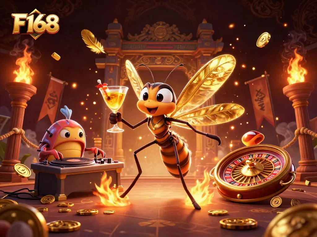 Engage in thrilling gameplay with F168's vibrant casino illustration featuring unique characters and dynamic elements.