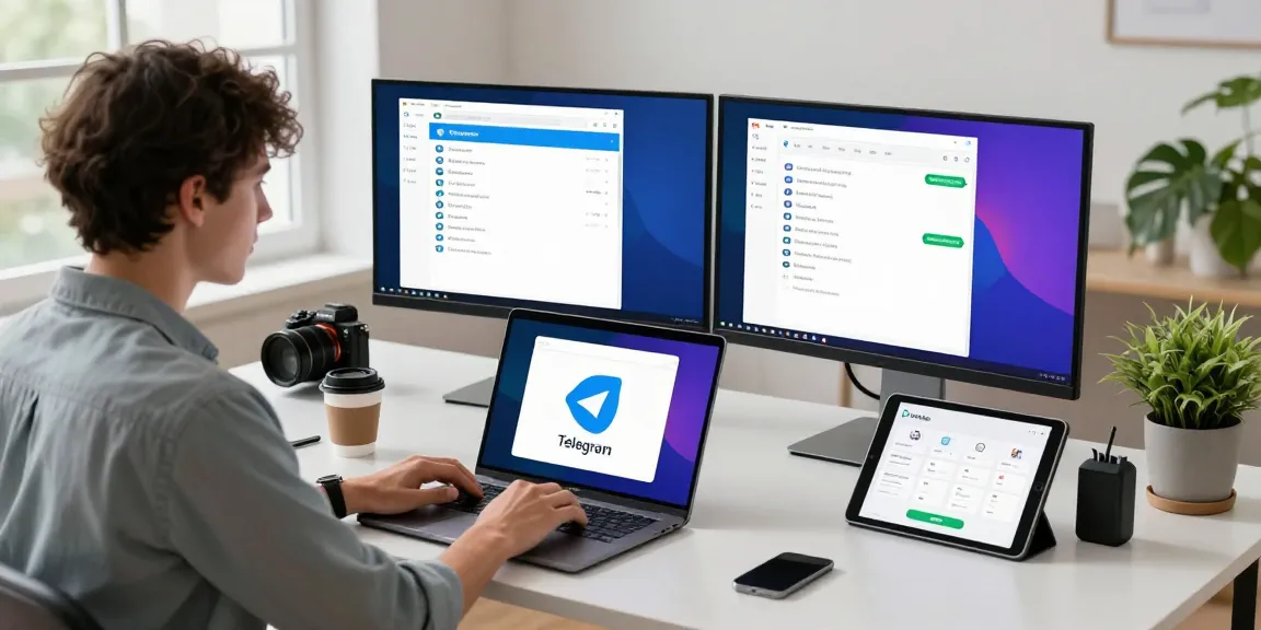 Downloading Telegram on a modern workspace with tech gadgets and natural light, emphasizing productivity and digital communication.