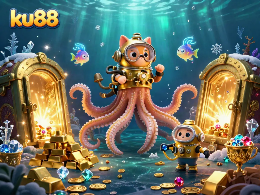 Engage with ku88's thrilling casino adventures through an imaginative underwater scene featuring a kraken.