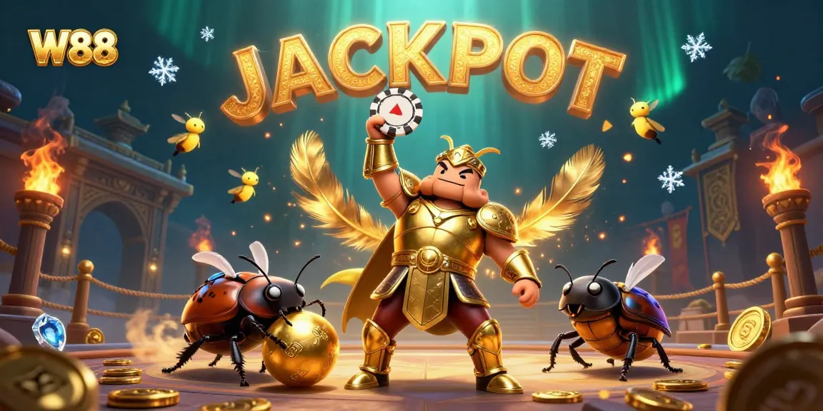 W88 casino beetle champions celebrate big wins with golden tokens in a vibrant gaming arena.