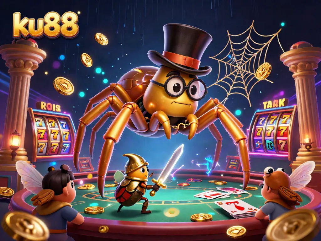 ku88 players enjoy a thrilling casino adventure with a giant golden tarantula and a brave beetle knight in a vibrant 3D image