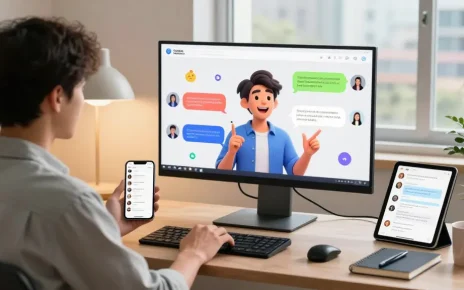 Interactive virtual chat scene showcasing crushonai character engaging with user in a modern workspace.