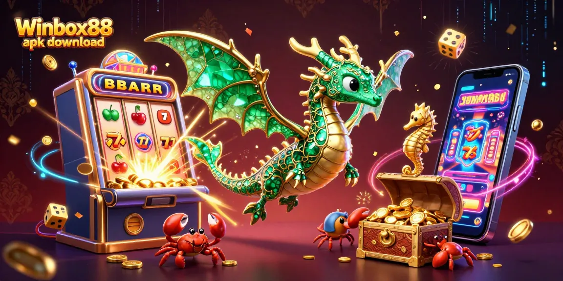 Winbox88 apk download showcases a vibrant scene with a jeweled sea dragon and dynamic casino elements.